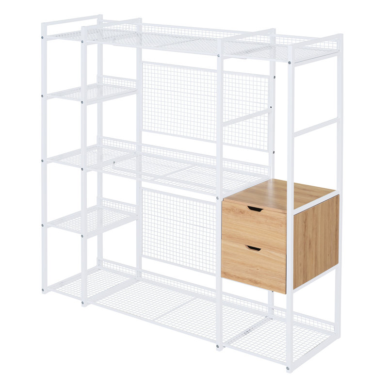 Garde-robe de style ouvert avec rails suspendus, tablettes et tiroirs, Blanc