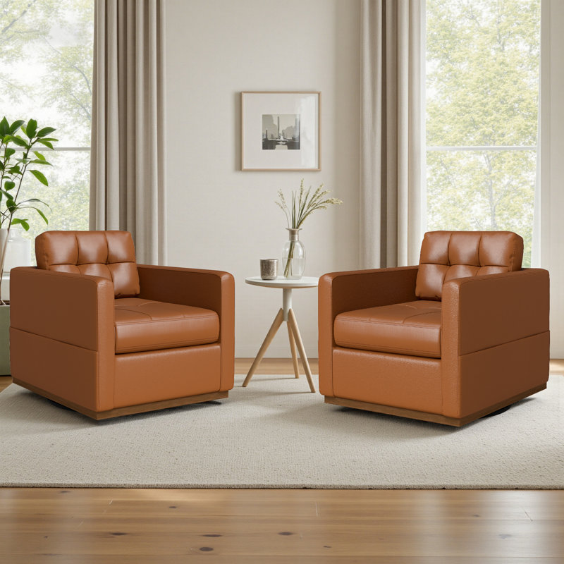 Fauteuil pivotant en cuir de 34,3 po de largeur avec base en bois, Brun