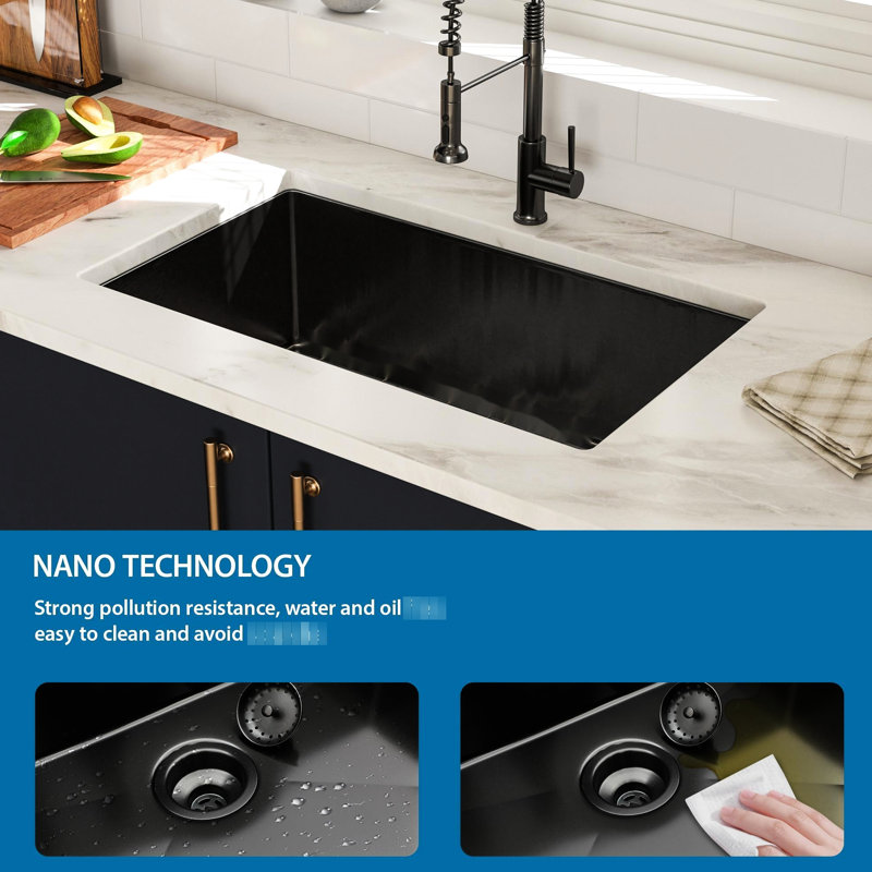 33"X19"X10" T304 Stainless Steel Kitchen Sink - Gunmetal Black, Undermount With Drain Assembly, 16 Gauge Black For Assembly