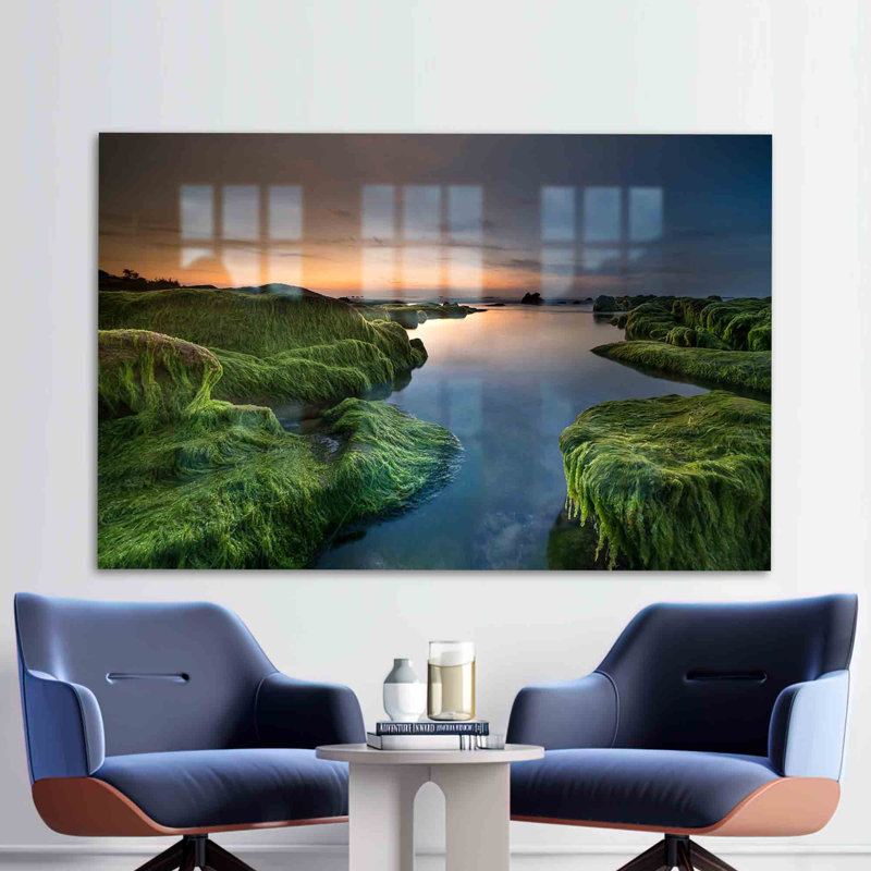 Superbe art mural en verre mettant en vedette un paysage de rivière tranquille avec des algues vertes et un magnifique coucher de soleil pour la décoration intérieure