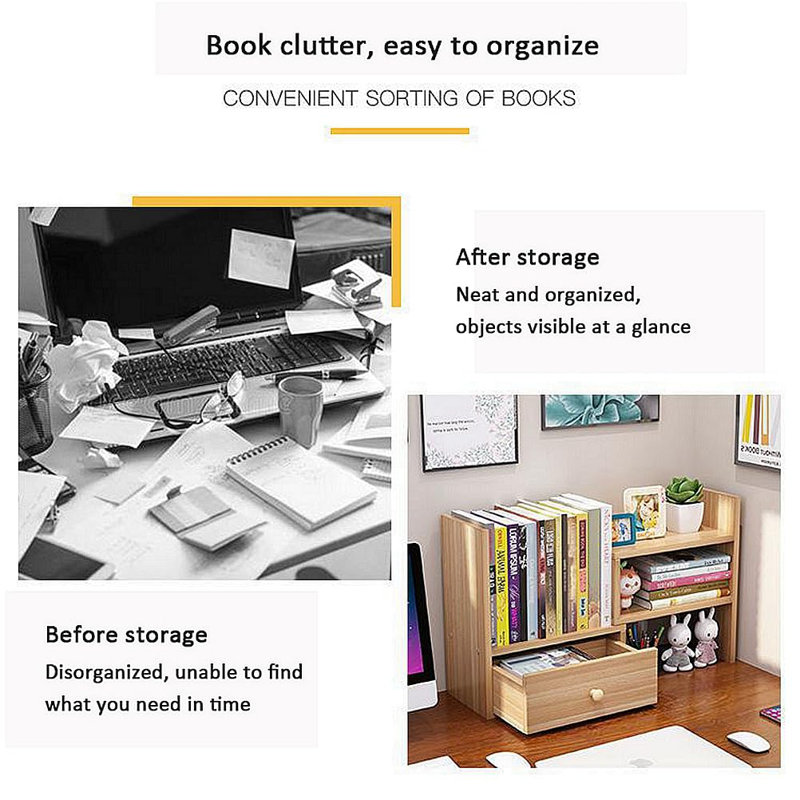 Simple Solid Wood Desktop Student Bookshelf, Desktop Storage Shelf Office Desk File Organizer Cabinet Storage Shelf With Drawer (Type-A (Oak+White)), 2-Tier