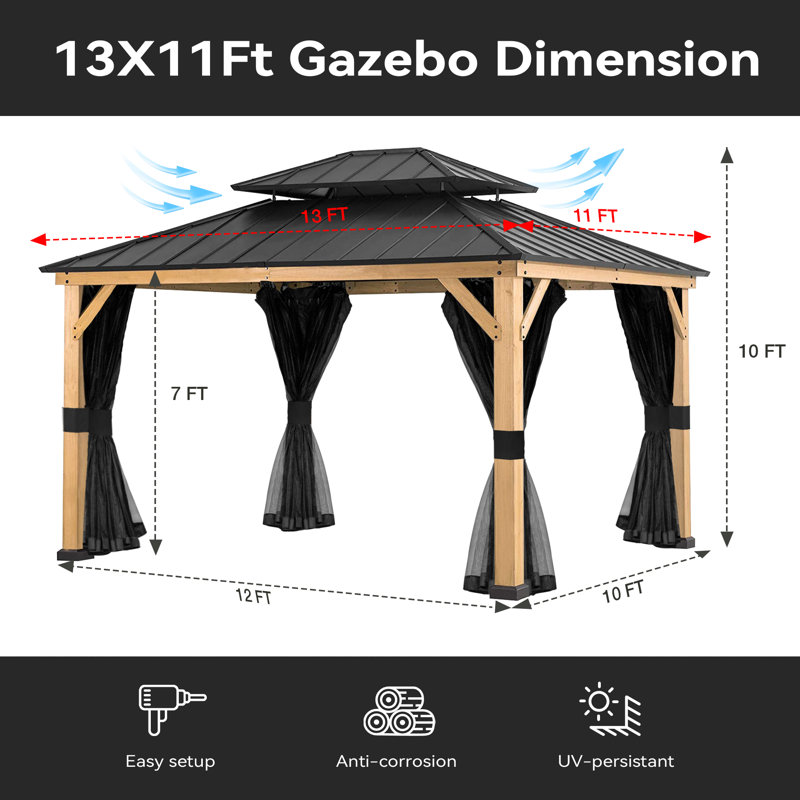 13 Ft. W x 11 Ft. D Solid Wood Patio Gazebo with Mosquito Netting