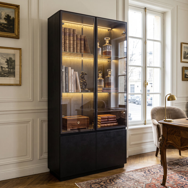 170cm Black Display Cabinet with Aluminium-Framed Glass Doors & LED Lighting