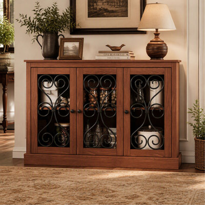 47-Inch Mid-Century Sideboard Buffet with 3 Metal-Decorated Doors for Living Room and Kitchen