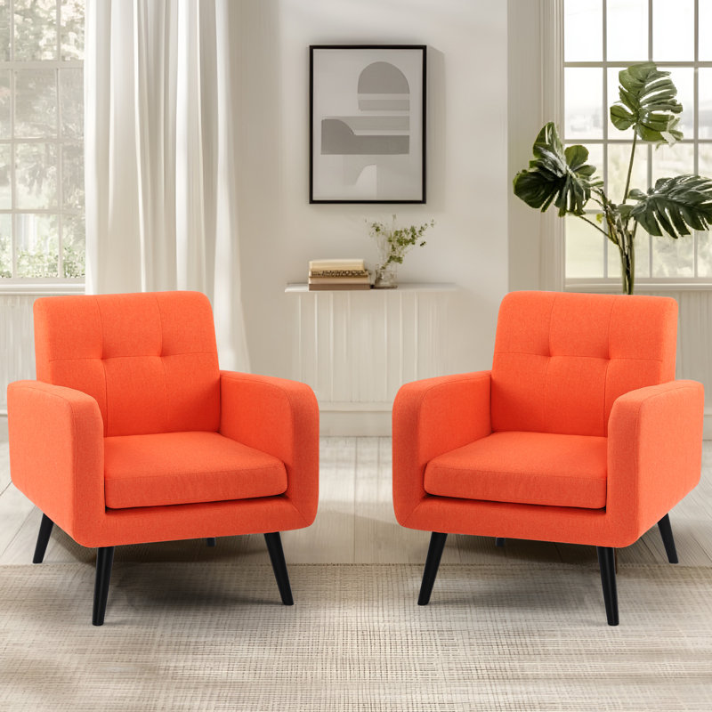 29.75" W Tufted Upholstered Accent Chair with Solid Wood Legs (Set of 2), Orange Polyester