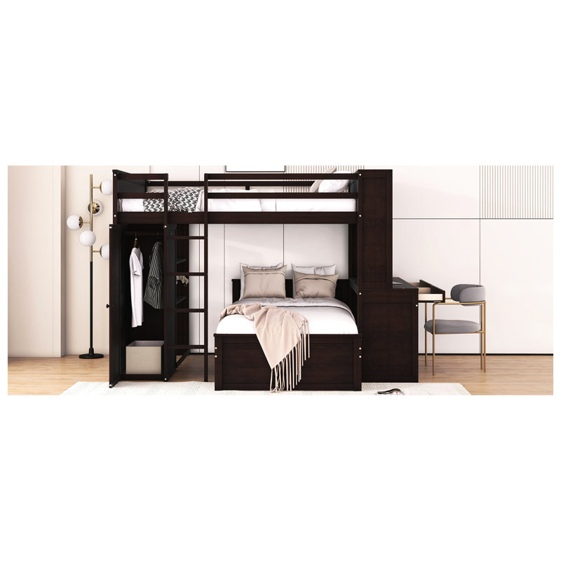 Lit mezzanine double avec lit simple Comprend des tablettes, un bureau et une armoire. Fabrication. Maximisez l'espace. Pas de sommier tapissier. Finition l 94,8 po x l 78,7 po x H 65 po. Vient d'optimiser l'utilisation de l'espace. Bois massif