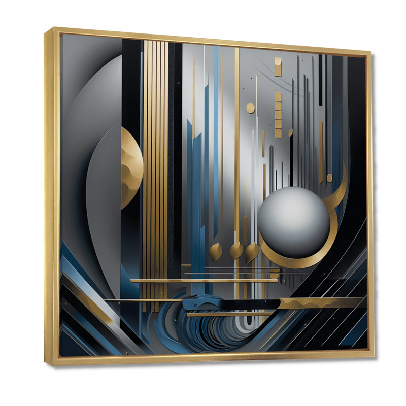 Minimal Tech  Sphere - Geometric Wall Art Decor, 30" H x 30" W x 1" D, Gold Floater Framed Canvas