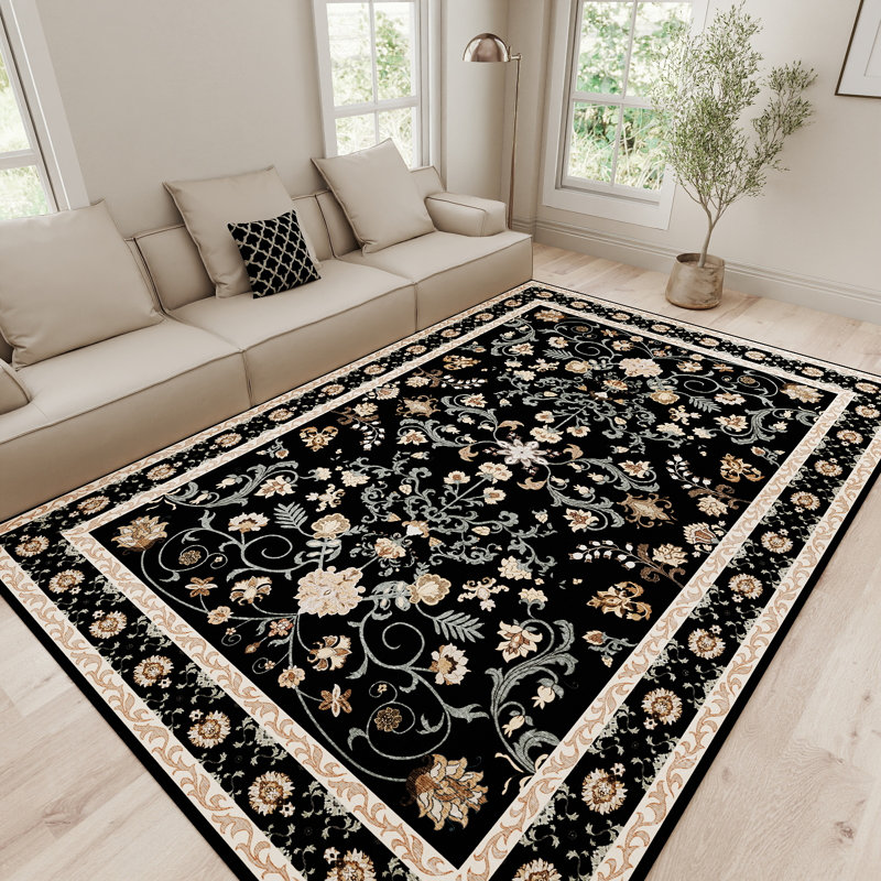 Living Room Rug 5x7 ft Black Area Rug Machine Washable Rug, Non Slip Vintage Rug Stain Resistant Indoor Large Carpet for Bedroom, Distressed Retro Floor Rug for Classroom, Dorm, Dining Room