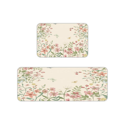 Beige Wildflower Kitchen Mats, 2 Pack, for Kitchen & Bedroom