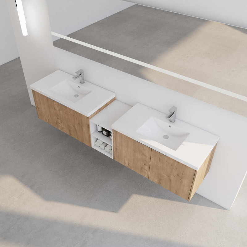 Meuble-lavabo à fermeture en douceur avec lavabo et petites tablettes de rangement, Chêne