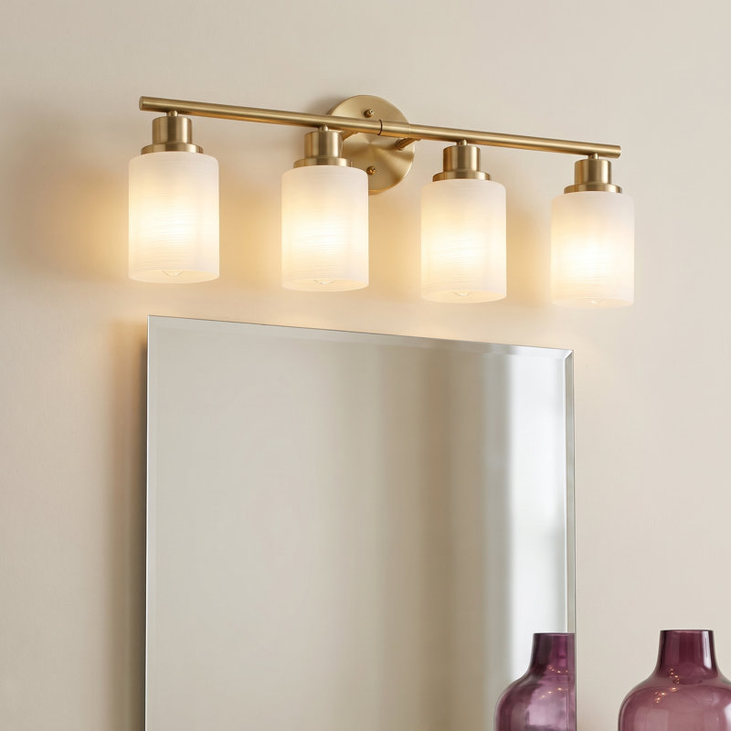 Applique murale moderne de salle de bain dorée à 4 lumières, 24 pouces, avec abat-jour en verre dépoli blanc laiteux, Doré