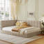 Lit de jour double rembourré en velours beige / - Élégance classique moderne, convient à la maison, avec un cadre de lit à lattes de soutien de style Mid-Century, polyvalent pour le bois et