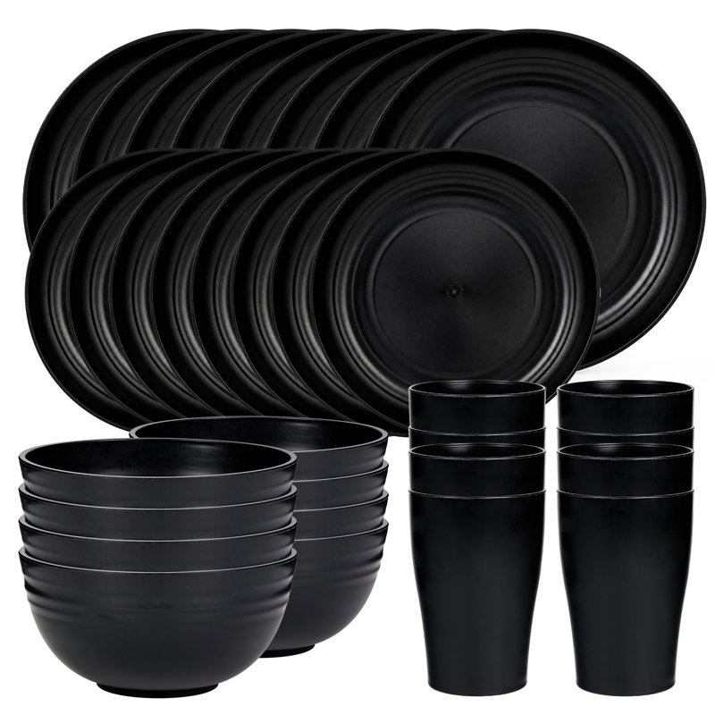 Vaisselle en paille de blé 32 pièces, assiettes empilables, bols, facile à nettoyer, Black