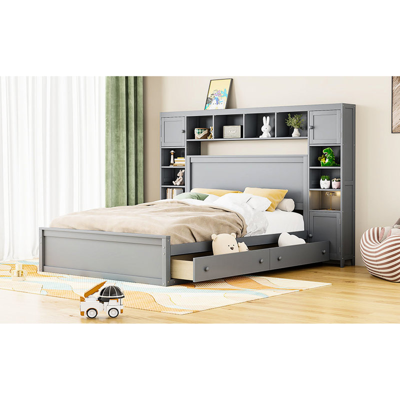 Très grand lit pratique avec armoire intégrée, étagère et douille - agencement merveilleux gris, Gray