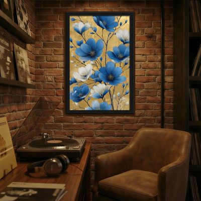Plantes et fleurs bleues et blanches sur fond doré