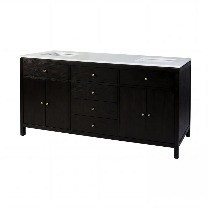 Meuble-lavabo double 72 po avec plateau en quartz Celine, brun café antique, Brun café antique