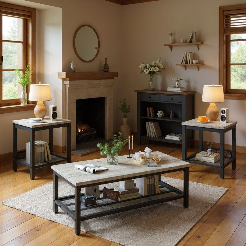 Modern Farmhouse Coffee Table Set Of 3, Rectangular Coffee Table With 2 Square End Side Tables, 2-Tier Living Room Table Set With Metal Frame & Open Shelf For Office, Apartment, Home