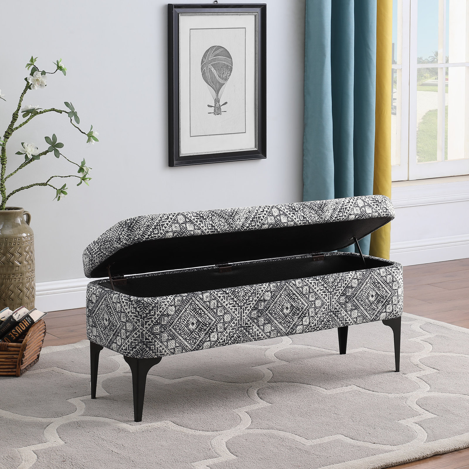 Ameelya 42" Velvet Bedroom Bench, Tribal Black and White