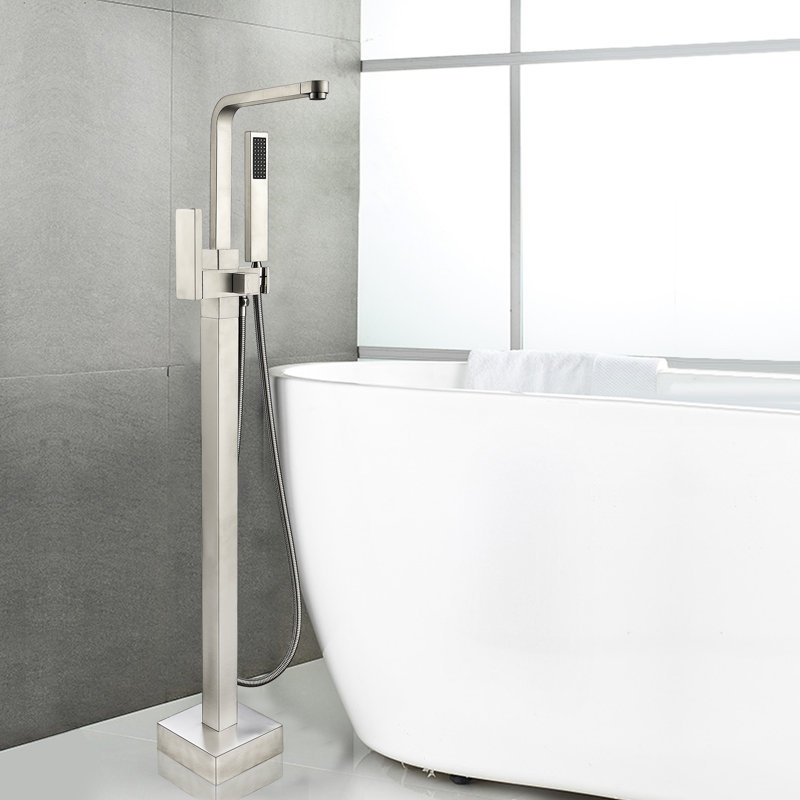 Robinet de baignoire à fixer au sol à poignée simple avec douche à main, Nickel brossé