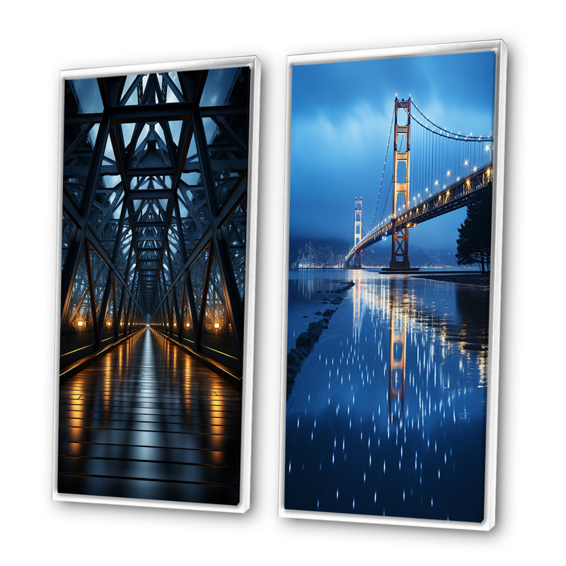«Blue Bridge Suspension Bridge Charcoal», 2 pièces sur toile, H 40 po x l 40 po, Cadre blanc