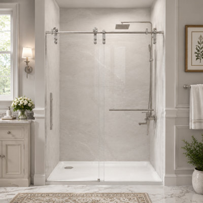 Porte de douche coulissante sans cadre l 50 à 54 po x H 76 po, verre trempé 5/16 po, nickel brossé