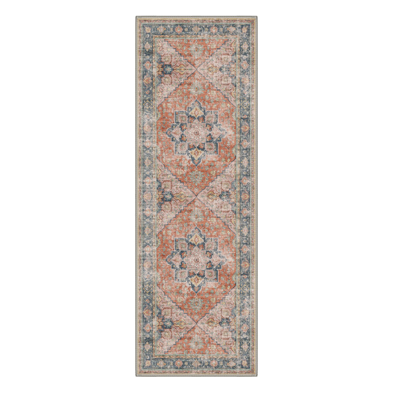 Vintage Distressed Oriental Medallion Machine Washable Orange / Blue Indoor Area Rug with Non-Slip Backing, Runner 2' x 6'