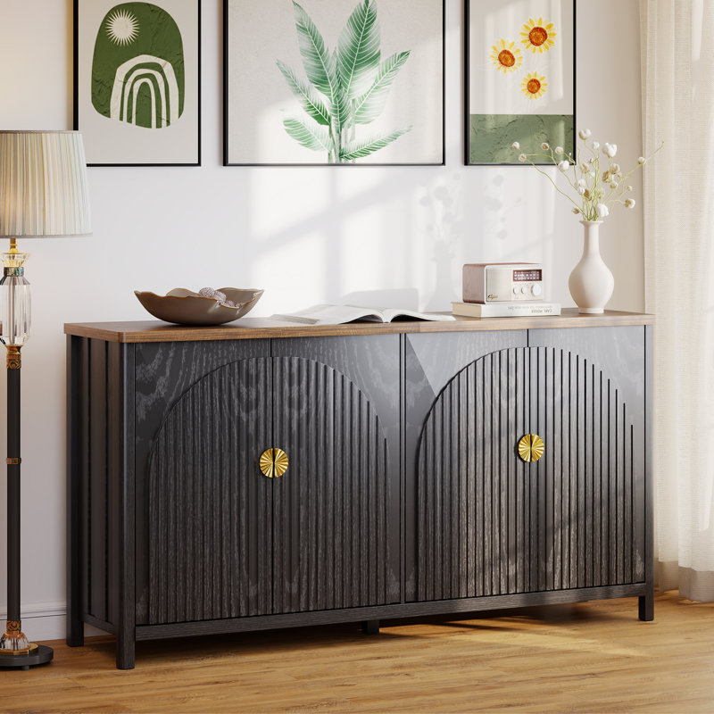 Buffet en bois de style campagnard de 63 po avec tablettes réglables, Noir / Beige