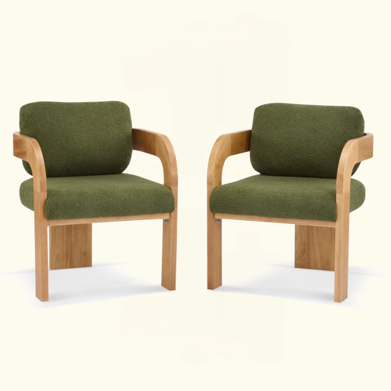 Ensemble de 2 chaises de salle à manger avec dossier coussiné, structure en bois massif, Naturel, Vert bouclé