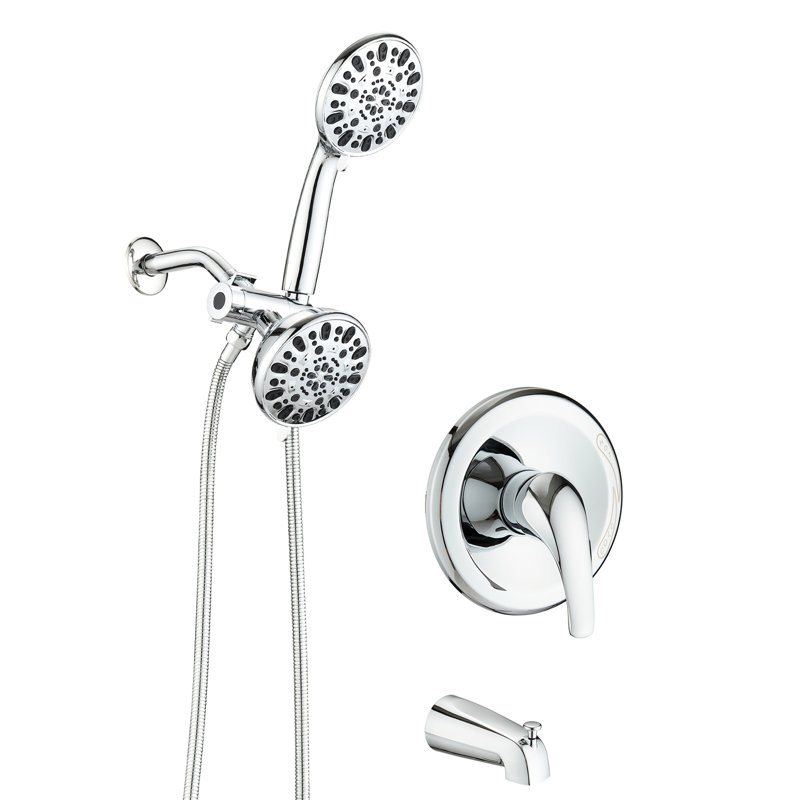 Double douche 2 en 1 avec bec de baignoire - robinet de robinet haut. Douchette à main avec 7 réglages de jet. . Fabrication entièrement en métal. 1,8 gallon par minute. Boyau 59 po. Système de raccordement 1/2 po