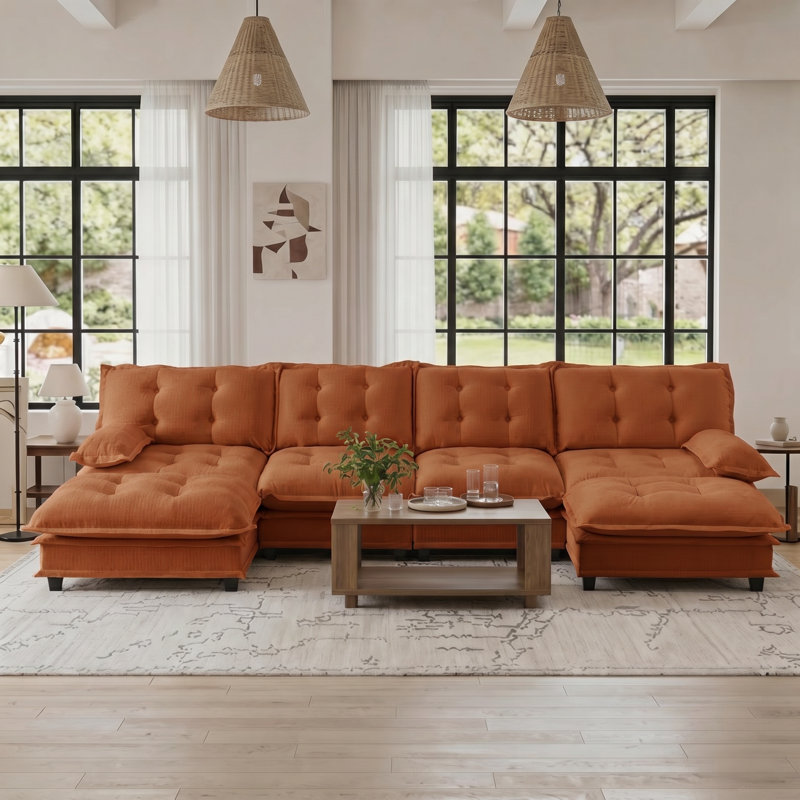 Canapé modulaire en chenille modulaire en U de 138 po avec 2 repose-pieds, Chenille orange, 35.4" H x 138.5" W x 33.8" D