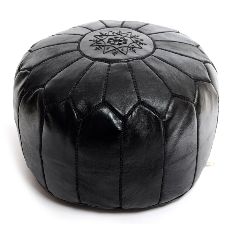 Leather Pouf, Black, Moroccan Leather Black