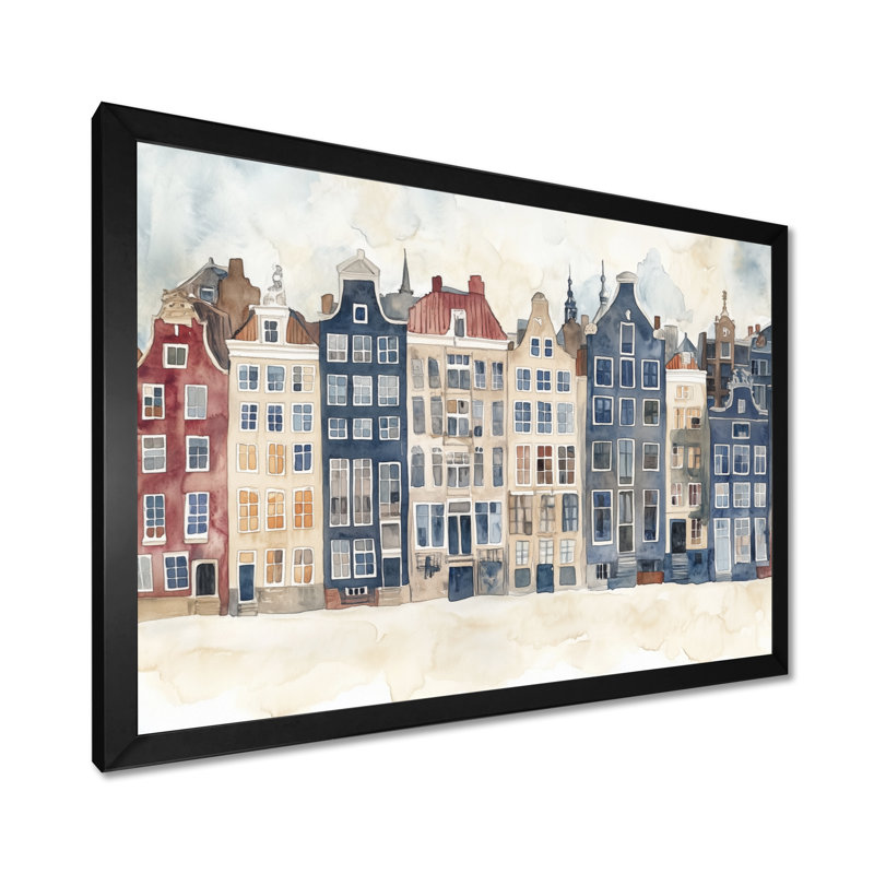Maisons des canaux d'Amsterdam - Tableau encadré sur toile représentant un paysage urbain bleu marine, H 24 po x l 32 po