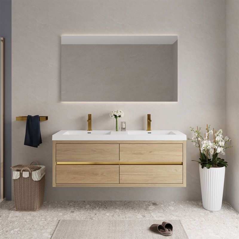 Meuble-lavabo mural avec lavabo, Bois de chêne naturel, 59"
