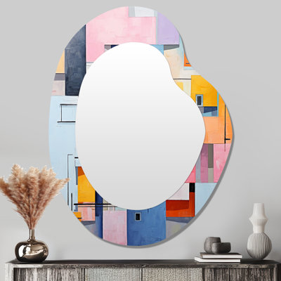 Parlington Geometric Popart Bluiding In Harlem II - Buildings Irregular Shape Mirror, Pink Asymmetrical Unique Wall Mirror, Printed Metal Art
