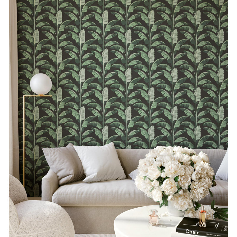 Banana Leaf - Black Green Wallpaper, Black, Self-Adhesive