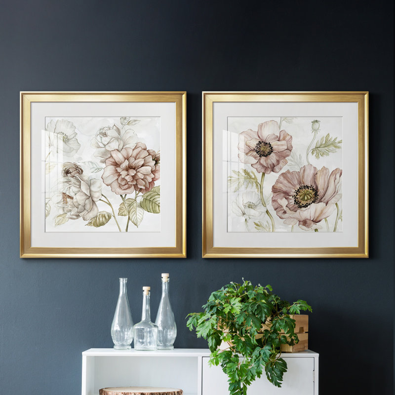 «Washed Botanical III», ensemble de 2 reproductions d'art encadrées, Papier encadré doré, Blanc
