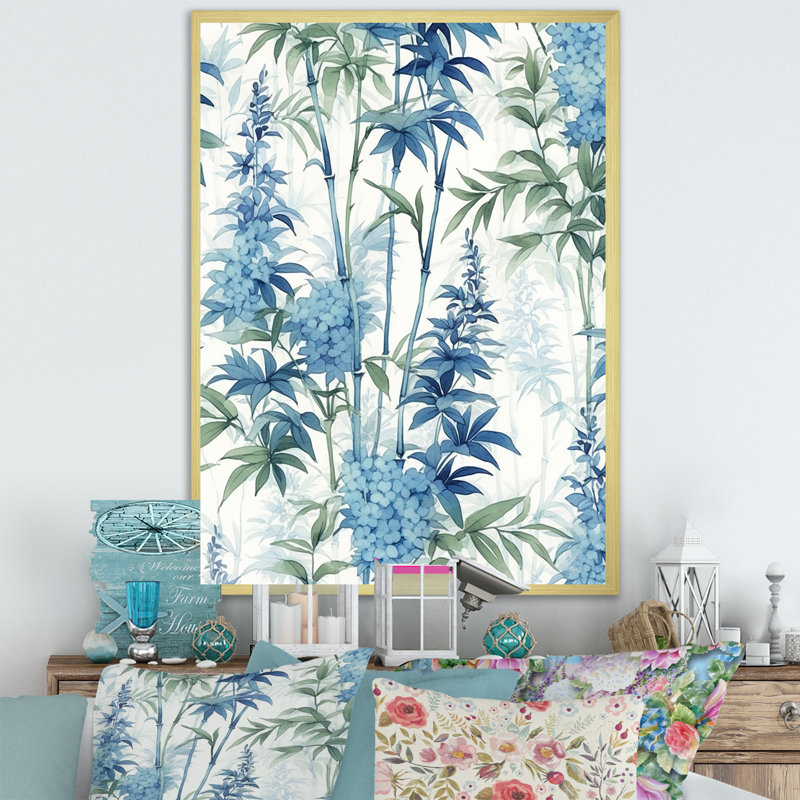 Sérénité chinoise en bambou bleu II sur toile, Encadrement doré, H 40 po x l 30 po x P 1,5 po