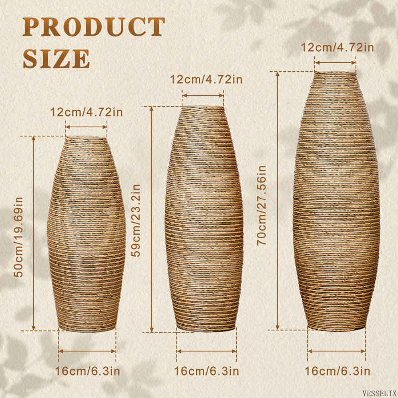 Ensemble de 3 vases de sol artisanaux en PVC, texture naturelle imitant le rotin, 70 cm, 59 cm et 50 cm, beige-brun