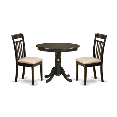 3 Piece Kitchen Table Set for Small Spaces Contains a Round Dining Table with Pedestal and 2 Linen Fabric Dining Room Chairs, Cappuccino