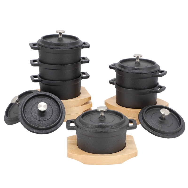 MegaChef 6 Piece Cast Iron 8 Ounce Mini Dutch Oven with Wood Tray