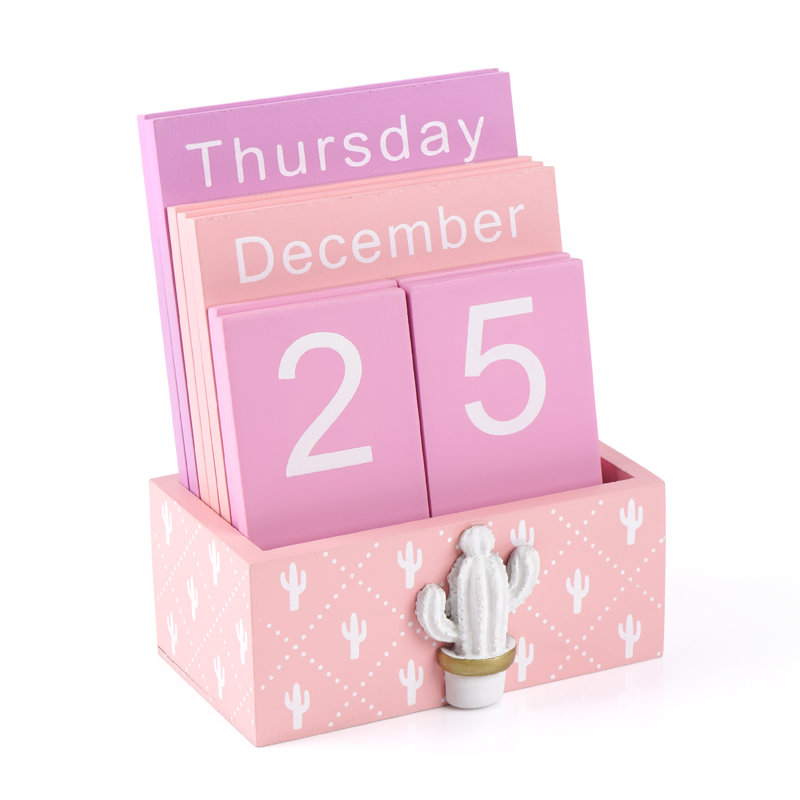 Calendrier perpétuel avec blocs en bois et calendrier en bois pour les accessoires de bureau personnel, Calendrier rose