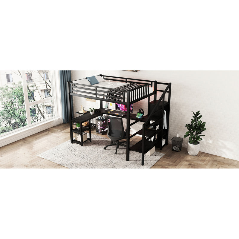 Lit mezzanine double en métal noir avec bureau, rangement et DEL pour une utilisation polyvalente en garde-robe