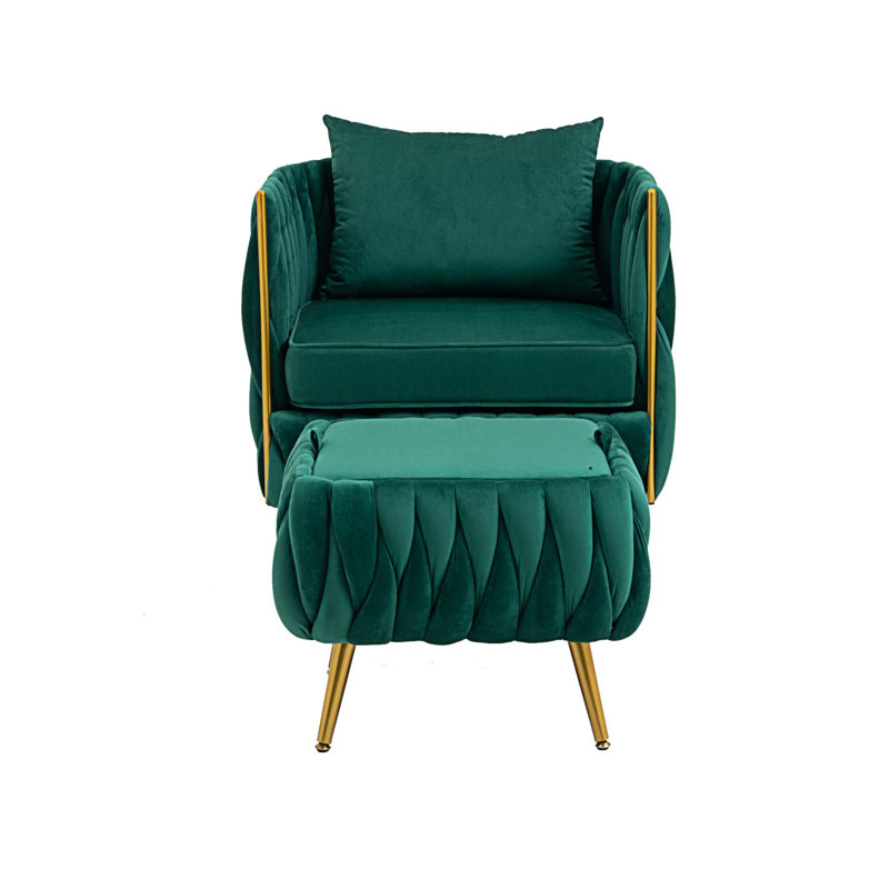 Upholstered Barrel Chair with Ottoman, Emerald Green Polyester