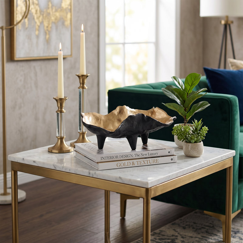 Sculptural Footed Bowl, Organic Freeform Resin Decorative Dish with Gold Interior for Coffee Table and Console