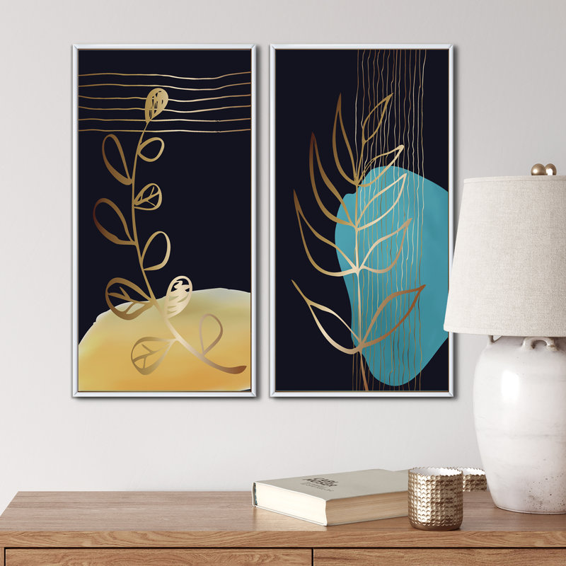 «Botanical Golden Silhouettes on Black I», ensemble de 2 peintures, H 20 po x l 24 po x P 1 po, Cadre blanc