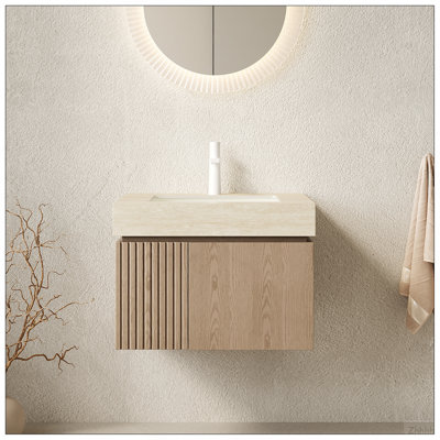 Meuble-lavabo de salle de bain 24 po MURI, armoire de rangement en contreplaqué flottant avec 2 portes, comptoir en pierre frittée en travertin Roma et 1 cuve en céramique pré-percée, pré-assemblé, grain de bois Heidelberg
