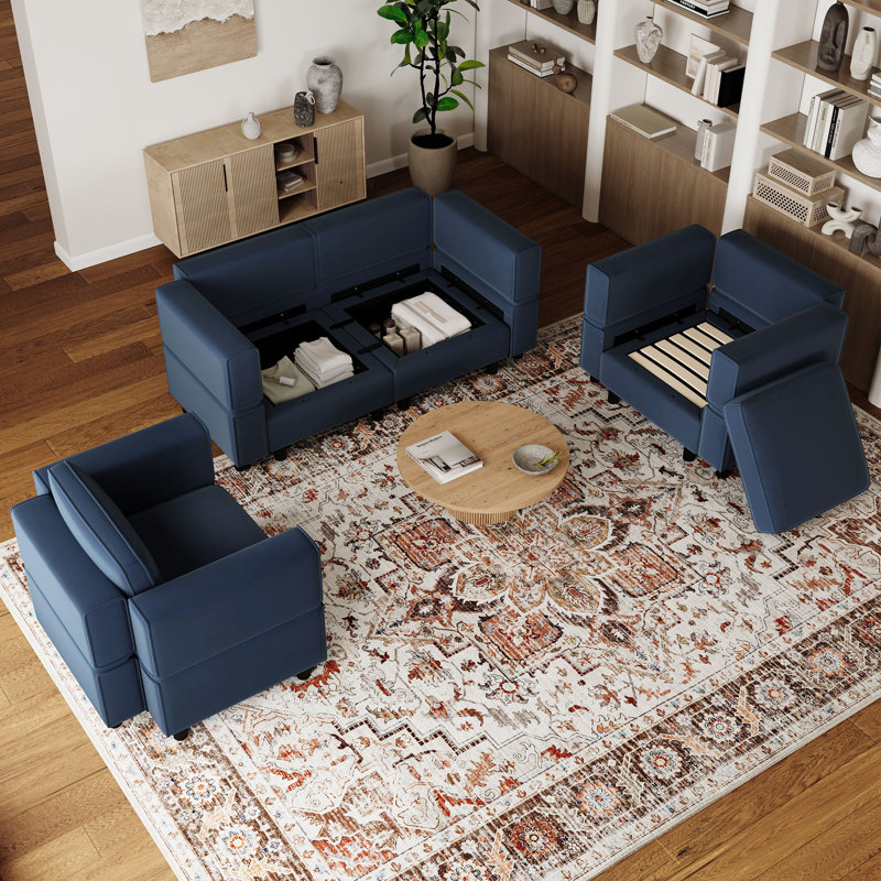 Ensemble de salon modulaire rembourré Elda, Velours bleu