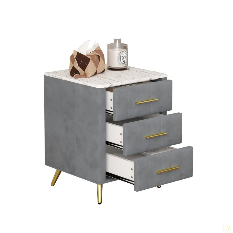 Table de chevet rembourrée en bois avec 3 tiroirs et poignées en métal, Gris