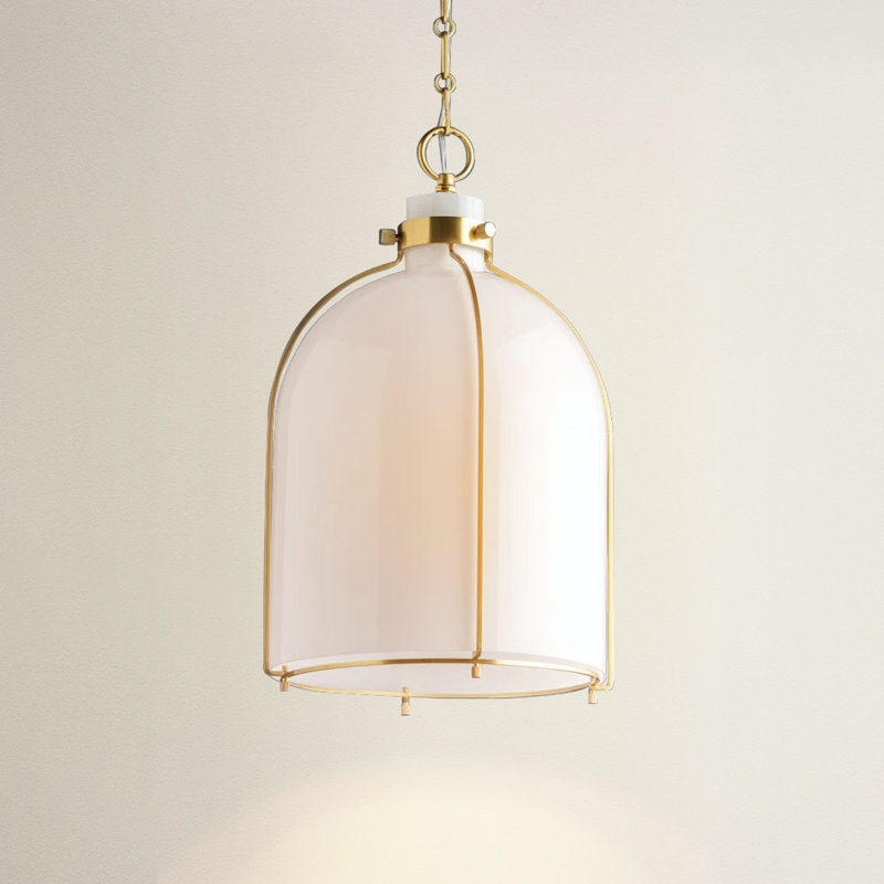 Nestia White Modern Pendant Light – 14" Metal, Glass Gold, Ivory White Lantern 1-Light Hardwired Adjustable Light Fixture for Kitchen Island or Dining Room in Mid-Century Modern, Scandinavian, and Contemporary Style