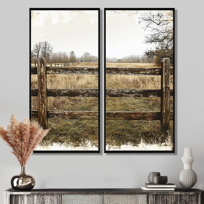 Gris et brun, ferme, paysage, clôture rustique, H 40 po x l 40 po, Cadre flottant, Noir